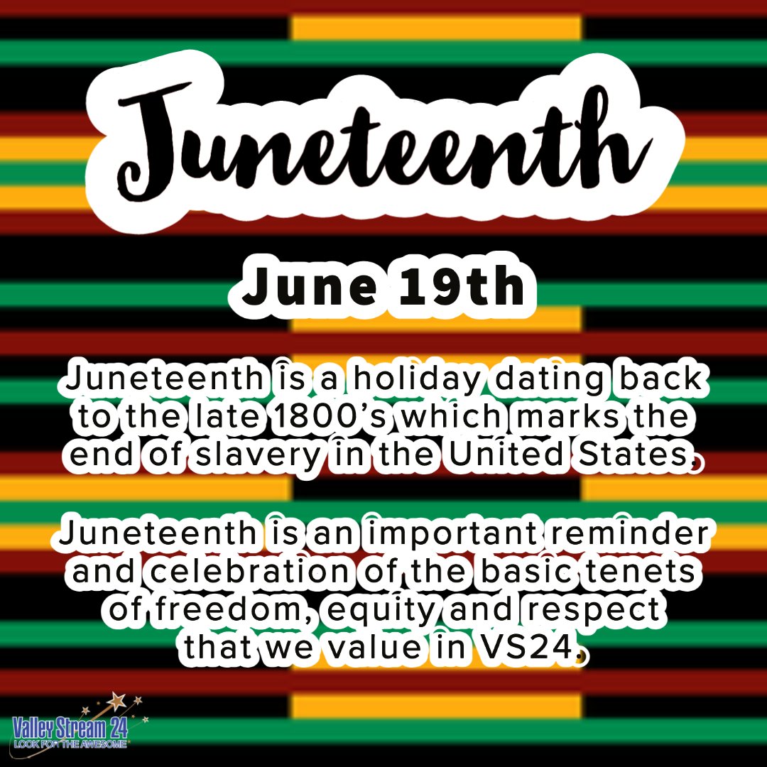 Valley Stream 24 School District (@vs24district) on Twitter photo Juneteenth has always held great significance for African Americans but now more than ever it has significance for us all. We must not ever become complacent in our stand against racism.
#LookForTheAwesome #VS24
<a href="/DonSturz/">Don Sturz</a> <a href="/ValleyStreamBAS/">Brooklyn Avenue School</a> <a href="/ValleyStreamRWC/">Robert W. Carbonaro School</a> <a href="/ValleyStreamWLB/">William L. Buck School</a> Juneteenth has always held great significance for African Americans but now more than ever it has significance for us all. We must not ever become complacent in our stand against racism.
#LookForTheAwesome #VS24
<a href="/DonSturz/">Don Sturz</a> <a href="/ValleyStreamBAS/">Brooklyn Avenue School</a> <a href="/ValleyStreamRWC/">Robert W. Carbonaro School</a> <a href="/ValleyStreamWLB/">William L. Buck School</a>