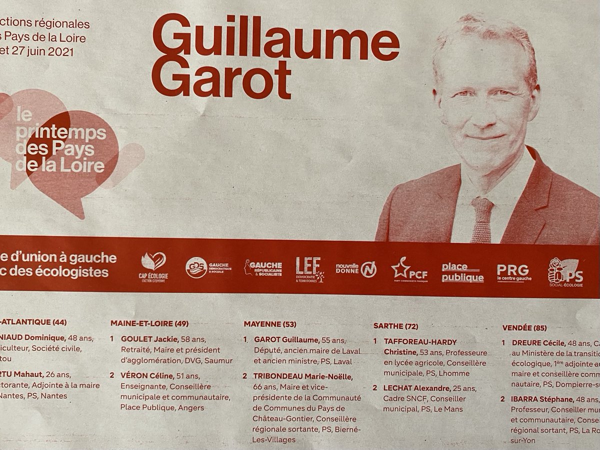 Do_Talledec's tweet photo. pour que ⁦@printempsPDL⁩ remporte ces élections #régionales! Pour que notre belle région devienne un territoire d’égalité, de justice sociale, de développement économique et écologique, alors le 20 juin prochain votez pour ⁦@guillaumegarot⁩ https://t.co/8vdDFKUQlp