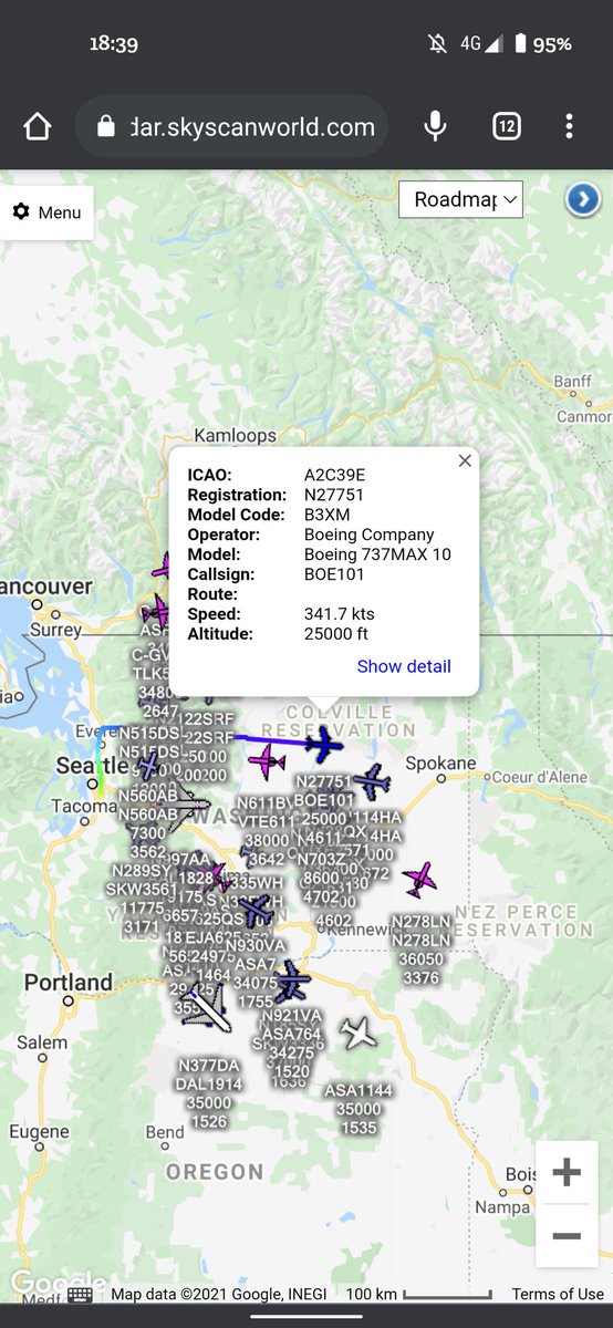 scan_sky's tweet photo. @BoeingAirplanes - Boeing 737 Max 10 - #N27751 - #BOE101
This Is The 1st flight of the @Boeing 738 Max-10.
Routing #Renton 🇺🇸 - > #MosesLake 🇺🇸
There's Also A T-2 Buckeye Following As The Chase Plane. https://t.co/OqpW9V1L58
