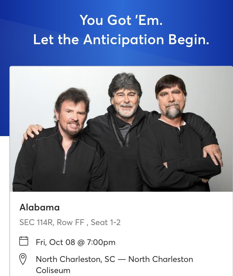 Finally get to see @TheAlabamaBand I have heard stories from my parents about how they enjoyed seeing them in concert. I have listened to their music my whole life! #playmesomemountainmusic