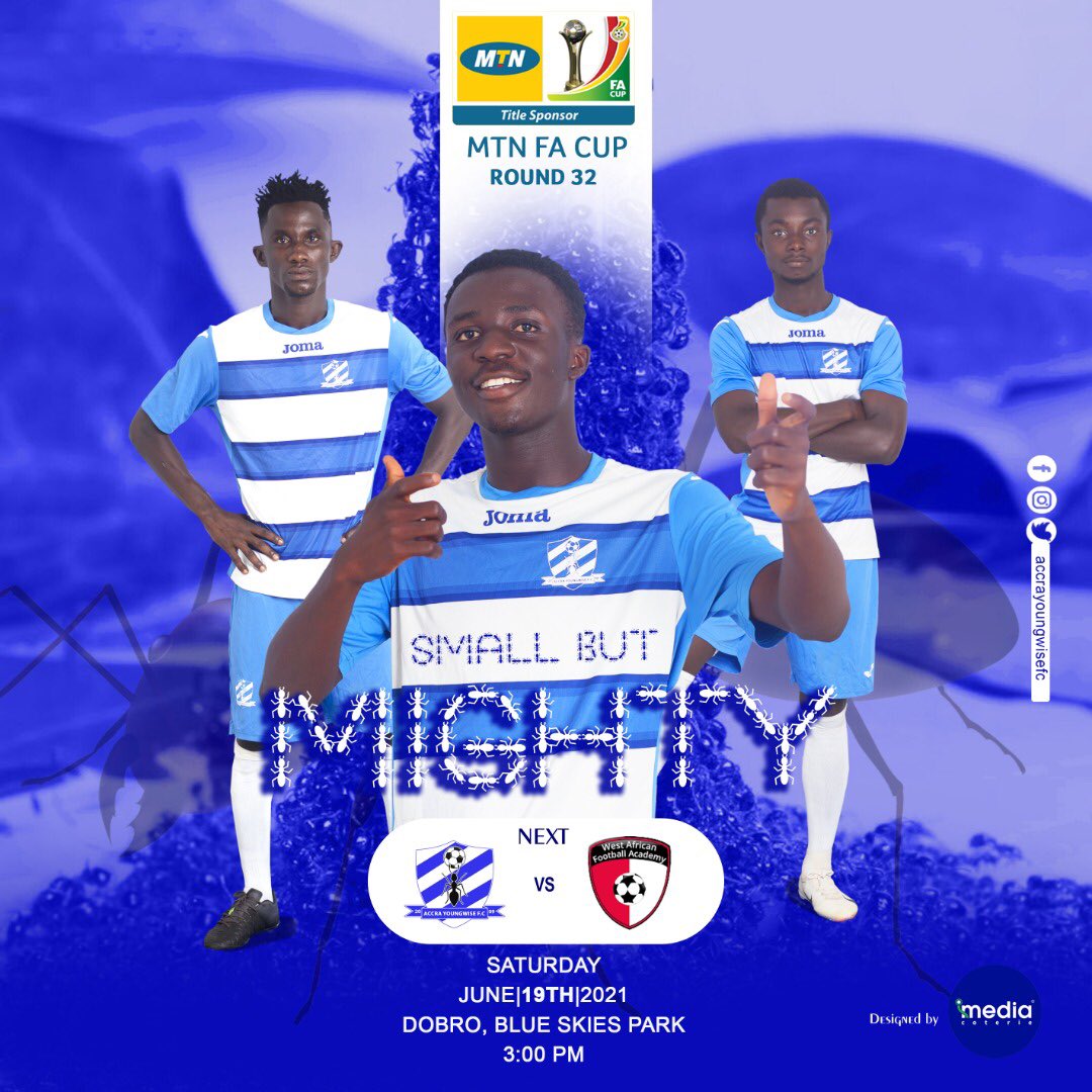 youngwisefc's tweet photo. Embrace yourself for a mouth watering encounter.
Itβs a big one tomorrow. MTN FA Cup Round of 32.
β½οΈ @Youngwise
π @WAFAcademySC
π @MTNFACupgh
π19/06/2021
π 15:00 GMT
π Blue Skies Park, Dobro
π small but MIGHTY πͺ
#YoungwiseFc #MTNFAcup https://t.co/1GCiMaTOCn