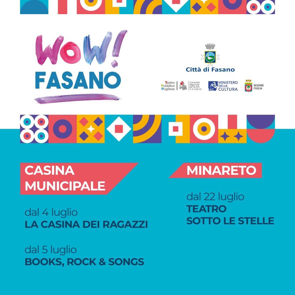 Oltre 100 appuntamenti tra concerti, musica, teatro, cinema e tanto altro. È il cartellone dell’estate di «Wow! Fasano»! Sono tre le rassegne organizzate in collaborazione con il <a href="/TeatroPubblPugl/">TPP</a> . 
bit.ly/TeatroStelleFa…, bit.ly/CASINAragazzi, bit.ly/BooksRS