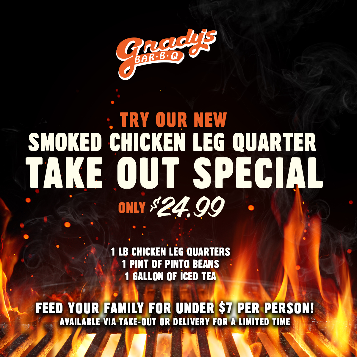 gradysbarbecue's tweet image. Enjoy BBQ from home with the family!🏠 Check out our Smoked Chicken Leg Quarter Special before it's gone!🍗🔥