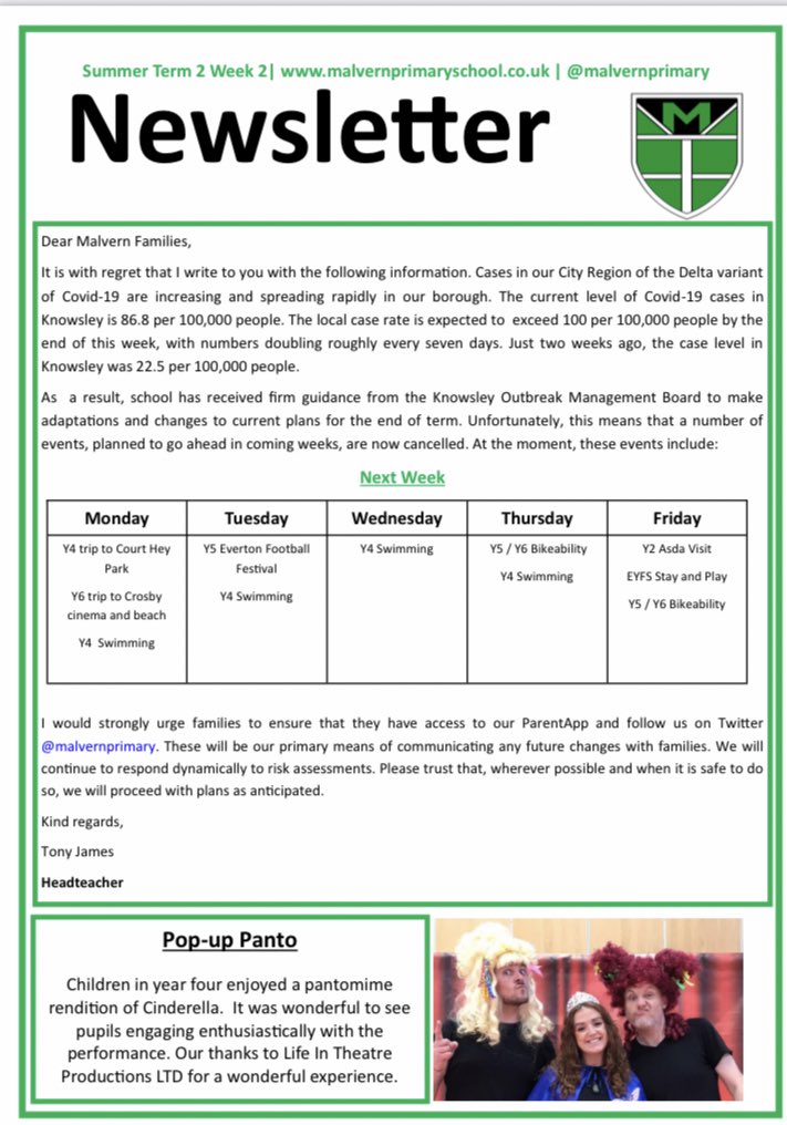 malvernprimary's tweet photo. Take a Look 👓 || Please have a read of our latest Newsletter - 18th June. 

@Justiceforadam3 
@enrichedu 
@_TSMGOn 
@LifeInTheatre1 
@SteFletcher1 
@YouthSportTrust 

#NationalSportsWeek
#WeAreMalvern 
#BeKind 💚💛 https://t.co/0Mt8o9x5wb
