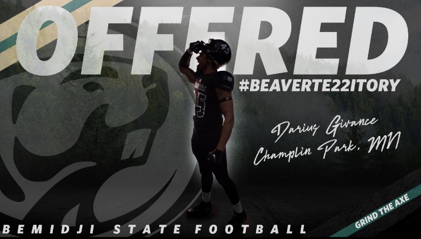 I am excited to receive an offer from <a href="/BSUBeavers/">Bemidji State Beavers</a> thank you <a href="/CoachBisch/">Jamison Juice Bisch</a> for the opportunity! Go Beavers🦫 #GrindTheAxe #Beaverte22itory <a href="/CPHSReport/">Champlin Park Athletics Report</a> <a href="/cprebelfootball/">CP Football</a>