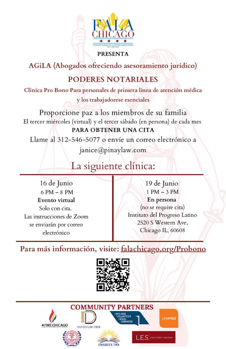 Instituto1977's tweet image. Our free in-person legal clinic that offers power of attorney advice to frontline essential and healthcare workers with @FALAChicago is tomorrow! Come see us at 2520 S Western Ave from 1PM to 3PM, call 312-546-5077 or email janice@pinaylaw.com today! #OneDynamicInstituto