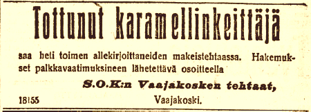 jouko_kokkonen's tweet photo. Tottunut karamellinkeittäjä saa heti toimen allekirjoittaneiden makeistehtaassa. Helsingin Sanomat 19.6.1921 #Suomi1921 #Vaajakoski #makeinen #karamelli https://t.co/z99LB4T9Np
