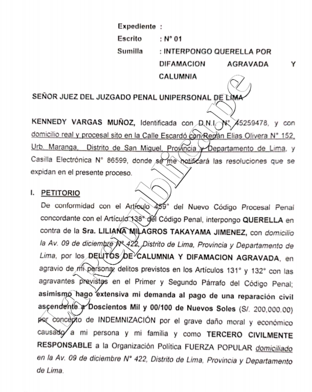 #ÚLTIMO | Ciudadano Kennedy Vargas Muñoz, de Acobamba, presenta querella contra Milagros Takayama, y pide 200 mil soles de reparación civil, por atribuirle una firma falsa y suplantación, cuando en realidad él sí acudió a cumplir su rol de miembro de mesa.

<a href="/larepublica_pe/">La República</a>