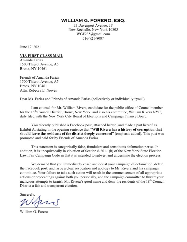 Earlier this week, I released a statement and shared an article published by <a href="/THECITYNY/">THE CITY</a> about allegations spanning 15 years of financial impropriety against District Manager and City Council Candidate William Rivera.

Full statement &amp; copy of letter below.

1/4