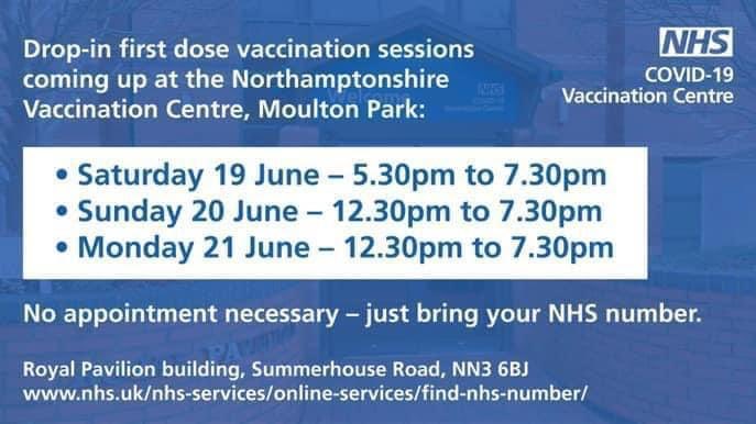 The final push!! 18year olds and anyone below 40 who hasn’t had their vaccine. Moulton Park Northampton are holding drop ins this weekend. Tell EVERYONE!!