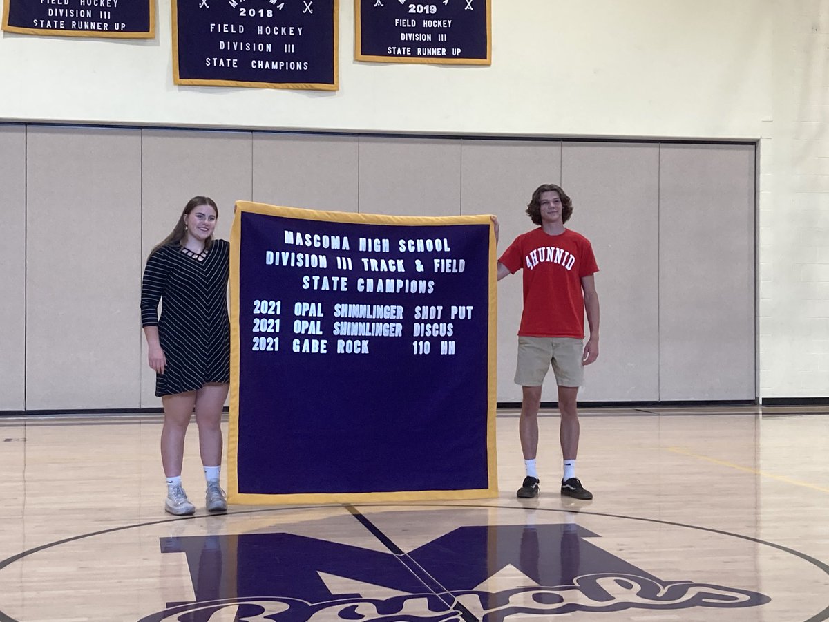 MascomaRoyalsAD's tweet photo. Banner Alert 🚨 Congratulations again to our first-ever track &amp; field state champions: Opal Shinnlinger and Gabe Rock 👑🥇💜 https://t.co/CM19Y6D8dC