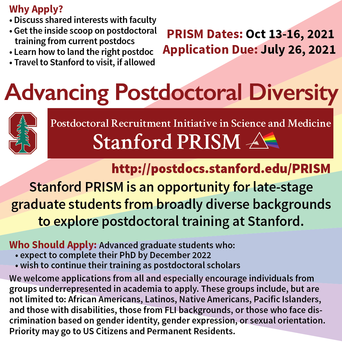 StanfordOPA's tweet photo. Hello Prospective Postdocs..! 😁📚 

APPLY NOW! Stanford’s PRISM Program Team is reaching out to all late-stage grad students from a diverse background who are interested in pursuing a postdoc at Stanford!

Check out the link for access to our application:
https://t.co/WBGHR3pkB9 https://t.co/2EgfQDnpG1