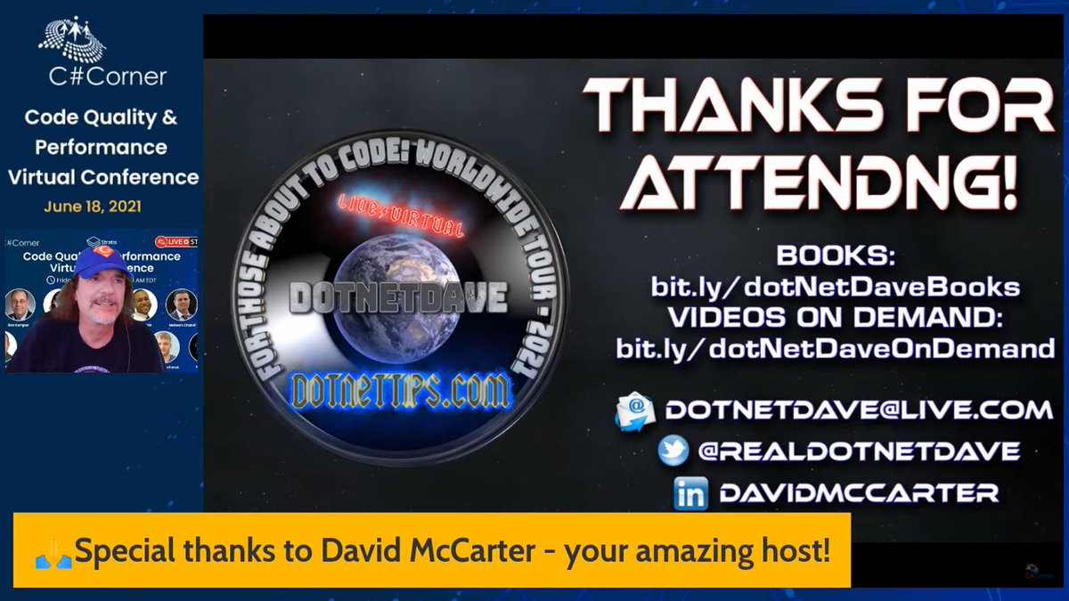 CSharpDotTV's tweet photo. Closing note by @realDotNetDave! Thanks to all attendees, speakers, and sponsors for the successful @CsharpCorner Code Quality & Performance Virtual Conference.
@rpkemper @WoodyZuill #CodeQuality #CsharpLiveShow #Coding #Stratisplatform #grapecity #CodeQualityConf21 https://t.co/ikurTfK8N4