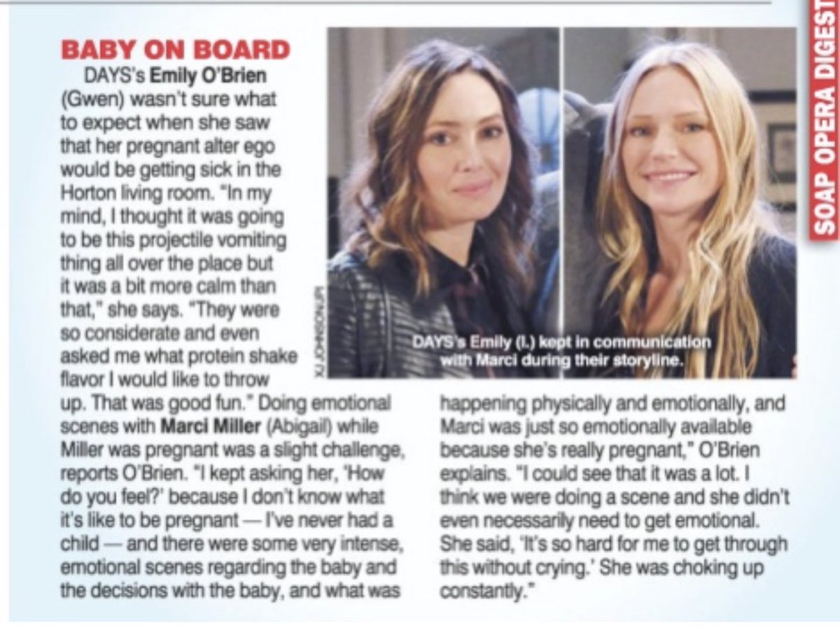 #flashbackbackfriday to this Soap Opera Digest where Emily O’Brien touches on scenes with Marci Miller. Acting pregnant vs. acting while pregnant! 
.
.
#Days #gwenrizczech #abigaildimera #emilyobrien #marcimiller