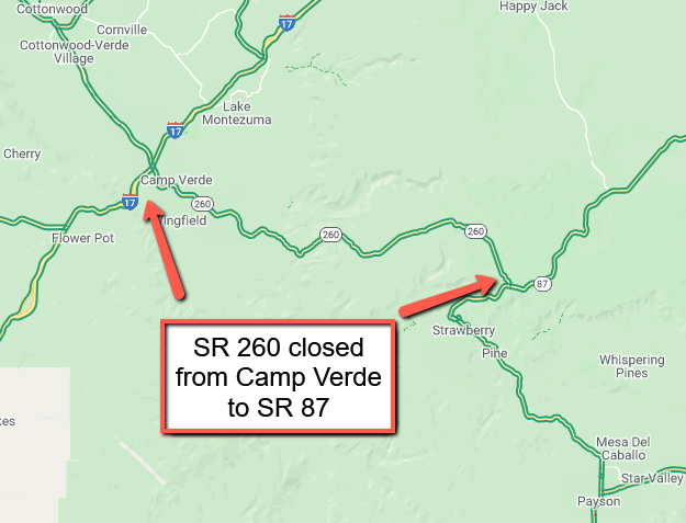 ArizonaDOT's tweet photo. *CLOSURE* *PLEASE SHARE*

State Route 260 is CLOSED between Camp Verde and State Route 87 due to the #BackboneFire.

Expect delays and seek an alternate route.

There is no estimated time to reopen the highway.

#aztraffic #SR260 https://t.co/qzdgiGIVaA