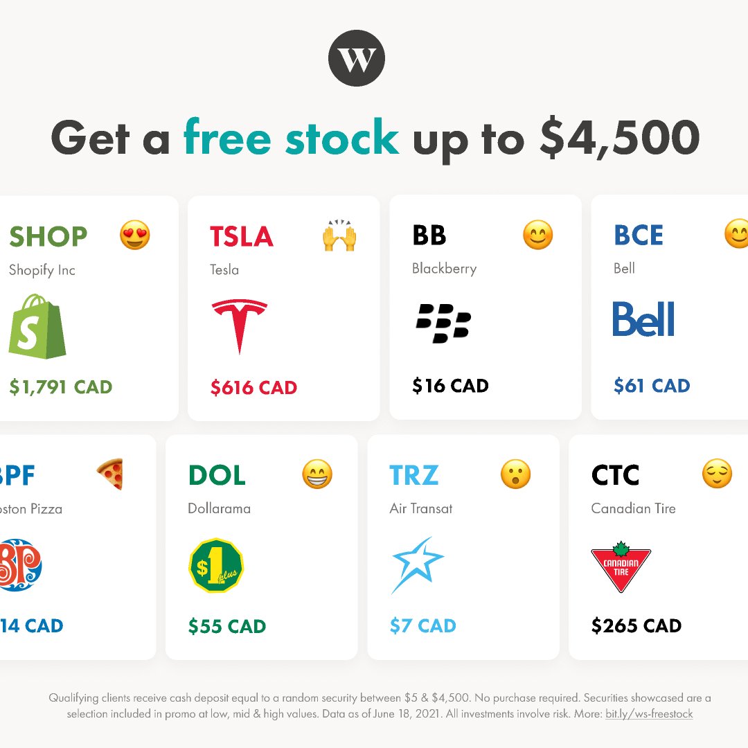 Wealthsimple's tweet photo. Start trading today &amp; get a free stock up to $4,500!

Wealthsimple Trade is the first &amp; only $0 commission trading app in Canada 🇨🇦