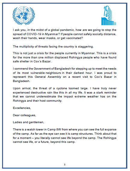 UN_PGA's tweet photo. I take the rostrum with a heavy heart, for in the 75th session, we have witnessed the deterioration of the situation in Myanmar. From the collapse of civilian rule to indiscriminate attacks by the military, Myanmar is not a safe place for the people whom we have pledged to serve. https://t.co/hbCD66jMoA