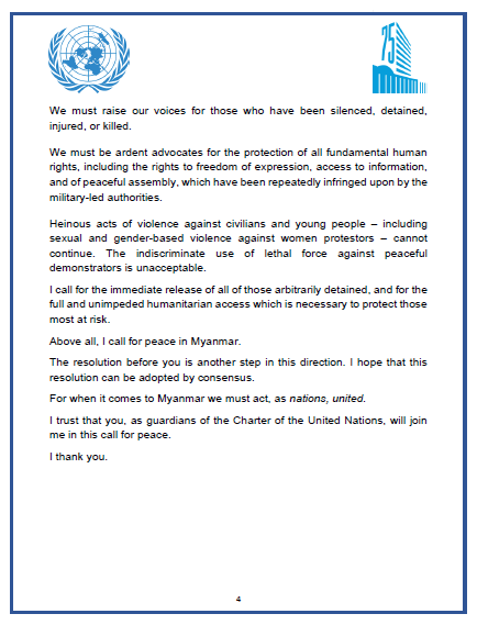 UN_PGA's tweet photo. I take the rostrum with a heavy heart, for in the 75th session, we have witnessed the deterioration of the situation in Myanmar. From the collapse of civilian rule to indiscriminate attacks by the military, Myanmar is not a safe place for the people whom we have pledged to serve. https://t.co/hbCD66jMoA