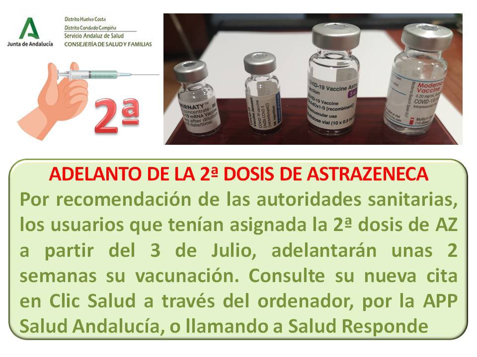 CSTorrejon's tweet photo. Si estás pendiente de segunda dosis de #VacunasCovid @AstraZenecaES desde el 3 de julio,las autoridades la han adelantado 2 semanas.Consulta en #clicksalud en @SaludAndalucia o llamando a @saludresponde. @APrimariaHuelva @HuelvaJunta @SaludFamiliasHu @huelva_info @canalsurhuelva https://t.co/tHUF8rwAKh