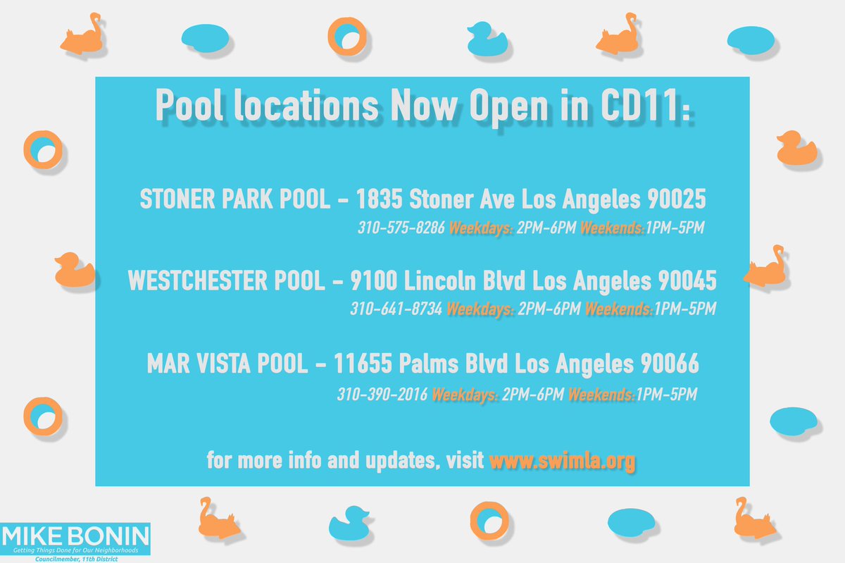 MikeBoninLA's tweet photo. Pools are Opening in time for Summer! Check out Locations in CD11. 

#LACityPools #SwimLA @LACityParks https://t.co/SJnFayHVyT