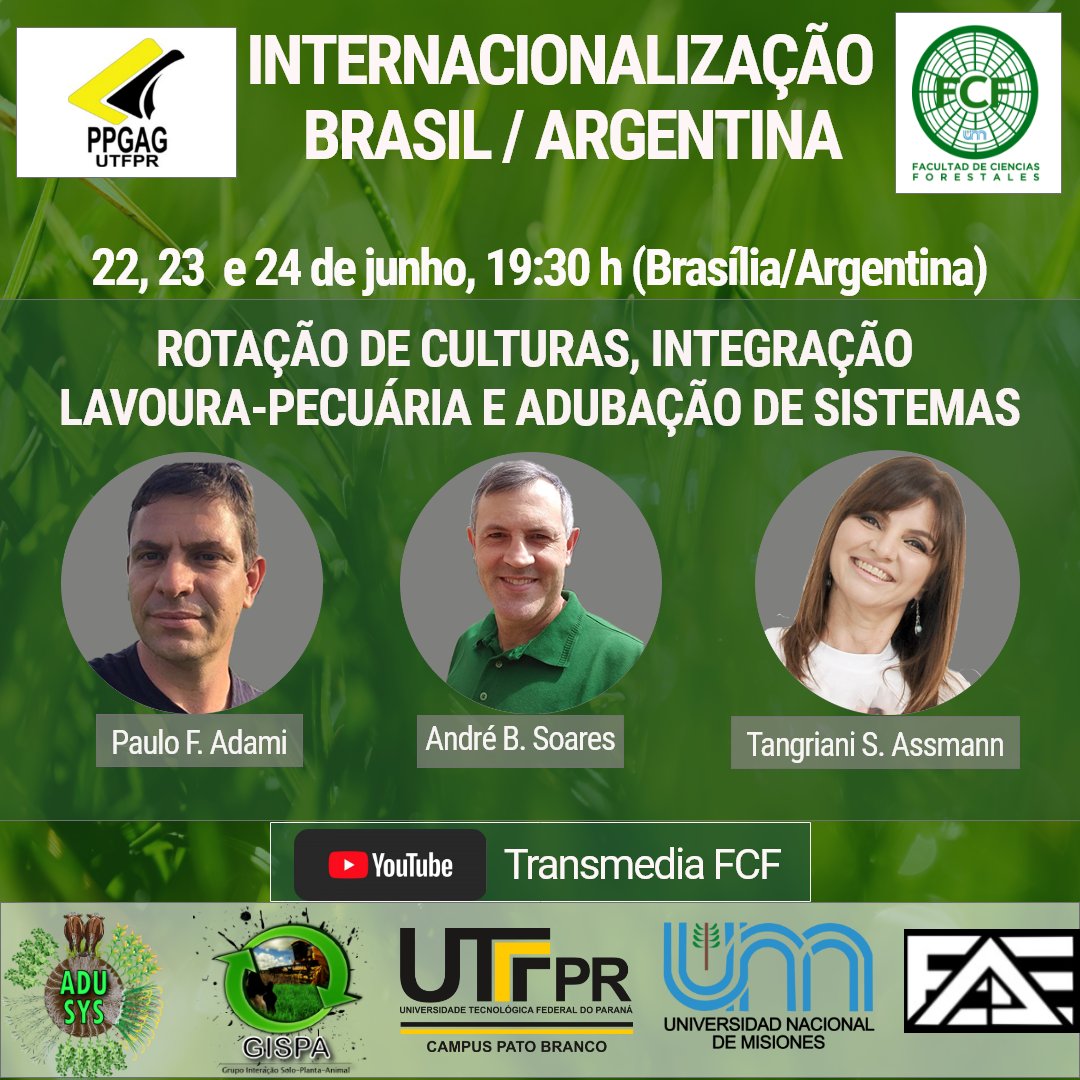 Tangriani's tweet photo. A linha de INTEGRAÇÃO LAVOURA-PECUÁRIA do Programa de Pós-Graduação em Agronomia da UTFPR-Pato Branco  promoverá na próxima semana uma série de conferências em parceria com a Universidade Nacional de Misiones https://t.co/tE7Cu8J1F3
#ILP #adubaçãodesistema #GISPA #ppgag #utfprpb https://t.co/apr8N0NtH9