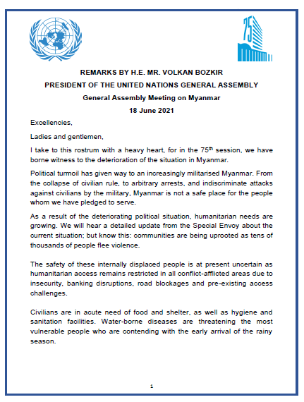 UN_PGA's tweet photo. I take the rostrum with a heavy heart, for in the 75th session, we have witnessed the deterioration of the situation in Myanmar. From the collapse of civilian rule to indiscriminate attacks by the military, Myanmar is not a safe place for the people whom we have pledged to serve. https://t.co/hbCD66jMoA