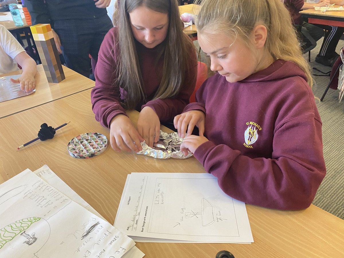 missbowie19's tweet photo. In P7, we used our knowledge of buoyancy to design and build a boat using just tin foil, nothing else! The most effective design could hold 120g before it sunk!! 🚢 #STEM @StMichaelsP7 @SMPG1964 https://t.co/5RIrueyN37