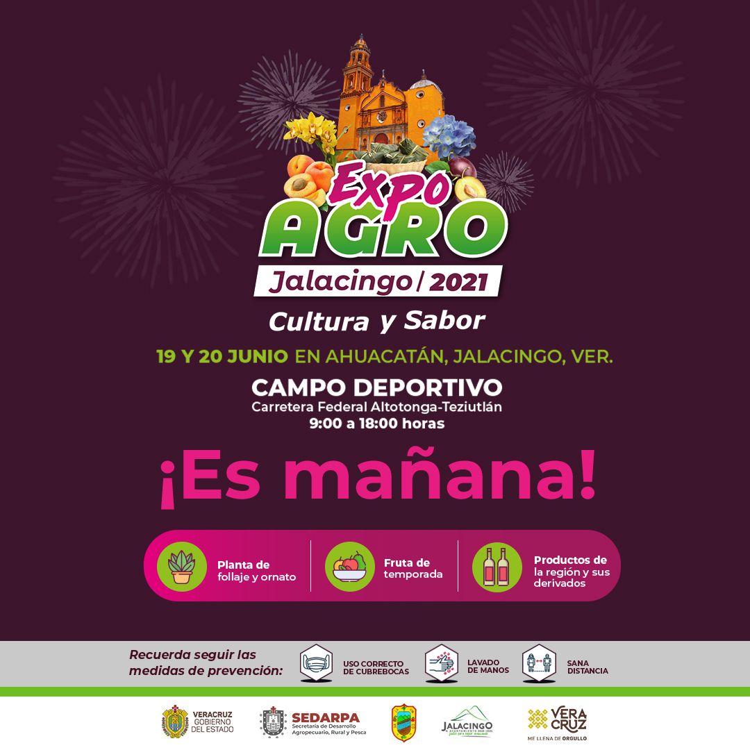 ¡Es mañana! 🙌🏻 La Expoagro #Jalacingo 2021 y los productores están listos para recibirte con lo mejor de la región.🫐🍯

Además de juegos tradicionales, foro artístico, actividades recreativas y más.

📆 19 y 20 de junio
📌Campo Deportivo de Ahuacatán
🕘 De 9:00 a 18:00 hrs.
