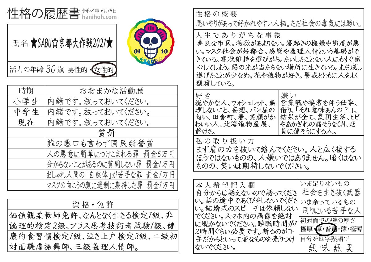 Sabu 京都大作戦22 履歴書診断 Sabu 京都大作戦21 さんの性格履歴書が公開されました ありがちな事象 善良な市民 物欲があまりない 寝起きの機嫌や態度が悪い マスク社会が ハニホー 詳細 みんなやろう T Co Srozua4x2i