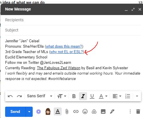 JenLoves2Learn's tweet image. I've always struggled w/labeling my role. ESL Teacher?ENL Teacher?EL Teacher?Language Specialist? I just changed my email signature to"3rd Grade Teacher of Multilingual Learners,"following @WIDA_UW's lead in the 2020 #WIDAStandards. I'm curious to see what others do. #assetbased