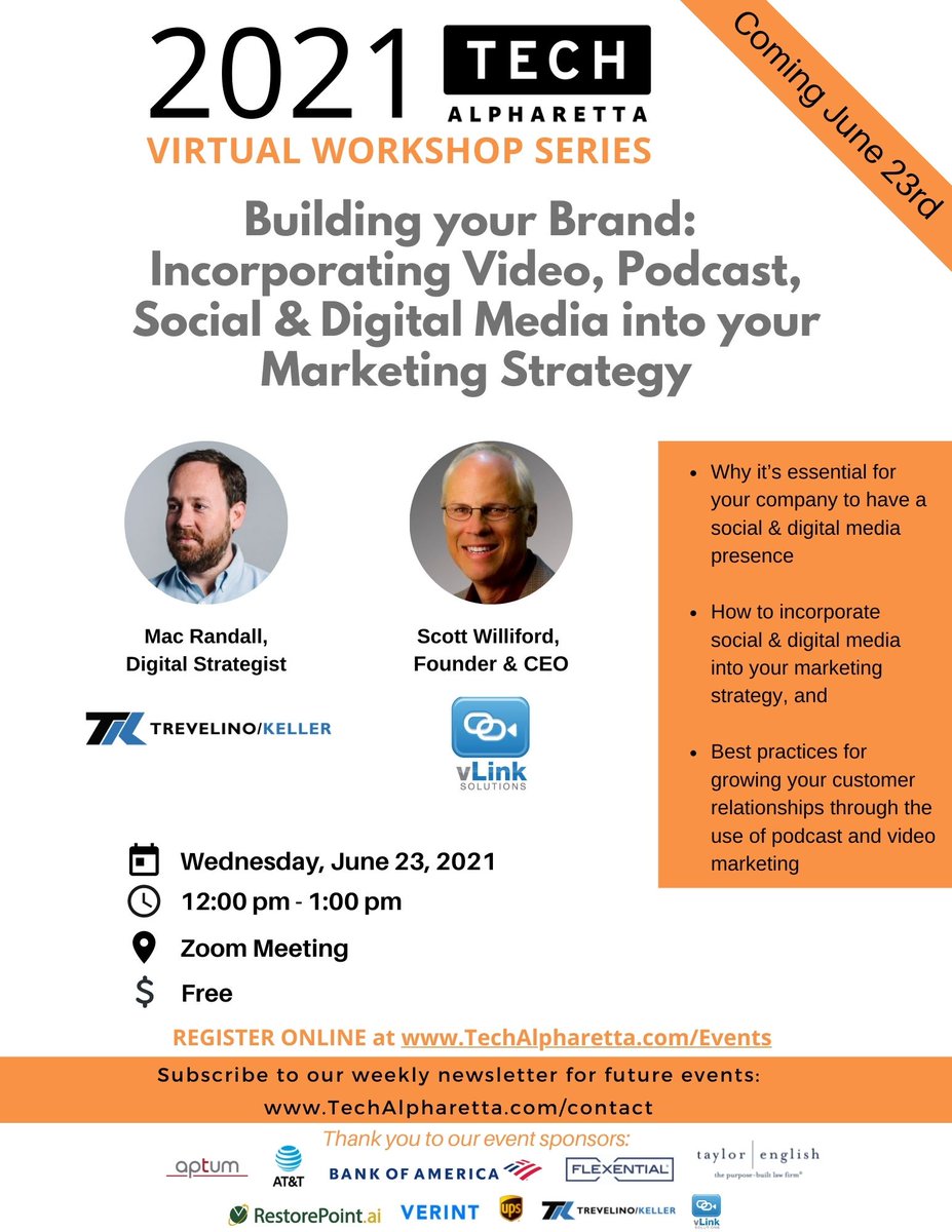 TechAlpharetta's tweet image. The last installment of our Building your Brand startup workshop series takes place on 6/23, when @Trevelinokeller &amp;amp; @vlinksolutions share how to incorporate video, podcast, social &amp;amp; digital media into your marketing strategy. bit.ly/3bItwWD