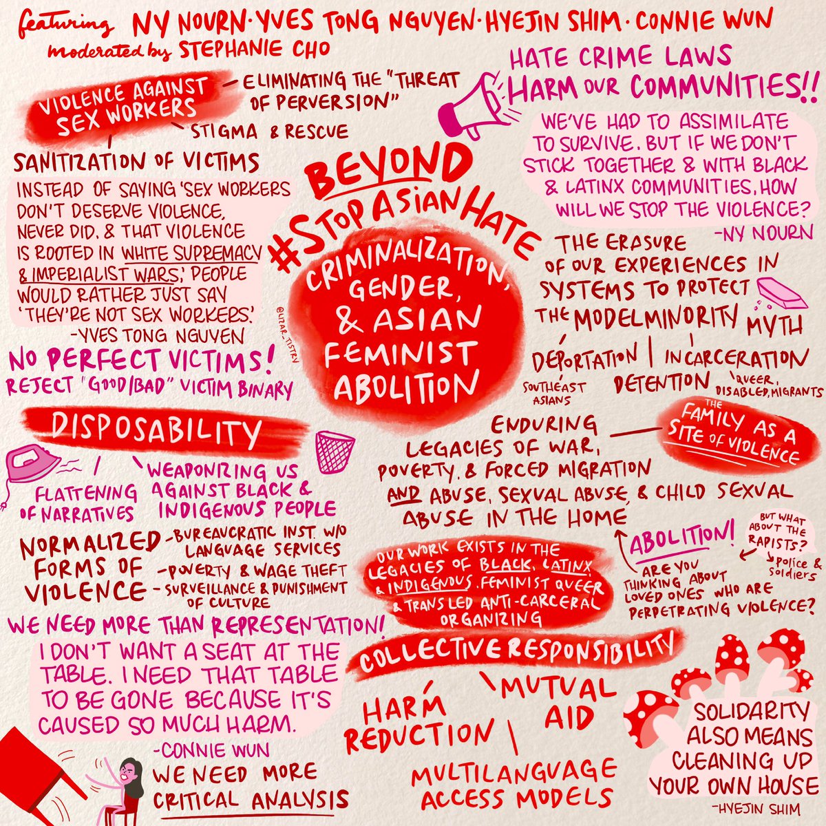 Hate crime laws harm our communities!

Notes (not sponsored or endorsed) on the AMAZING “Beyond #StopAsianHate ” panel with @nynourn and @hyejinhere of @survivepunish, @yvesandthemoon of @RedCanarySong, and @conniewunphd of @AAPIWomenLead. Video at @haymarketbooks YouTube!