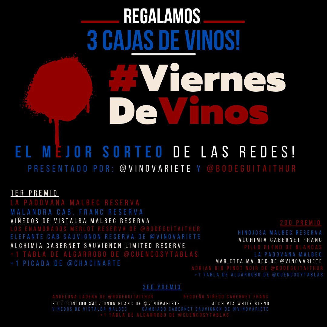 nicoesquibel's tweet photo. 🔥Arrancó #ViernesDeVinos Mega Edición con 3 Cajas en Juego!

☝Hoy para participar tenés que:

✅Seguirme y también a @BodeguitaIthur y a @vinovariete

✅Retuitea CON Coment este tuit

✅Arrobá a 3 amigxs

✅Usa los hashtags #ViernesDeVinos y #BodeguitaVariete

👍Y listo https://t.co/hdyXESPHbv