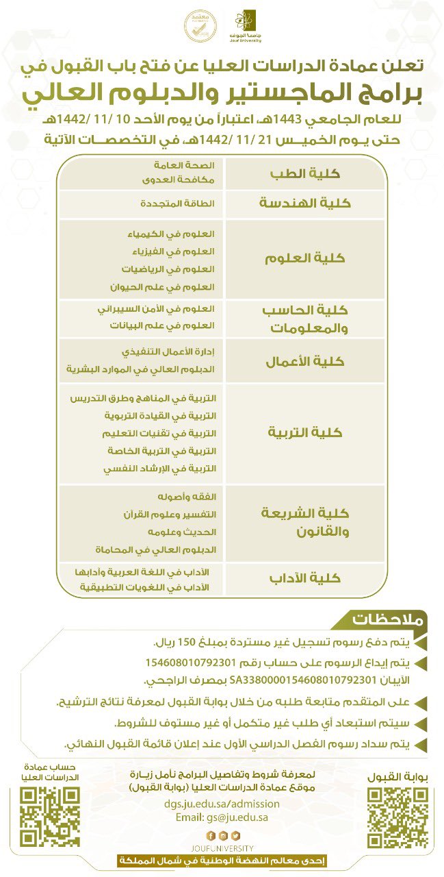 🔴 التقديم الأحد القادم 🔴

تعلن ‏‎#جامعة_الجوف عن مواعيد القبول في برامج الدراسات العليا للعام الجامعي 1443 هـ 

https://www.ju.edu.sa/%D8%A7%D9%84%D8%B1%D8%A6%D9%8A%D8%B3%D9%8A%D8%A9/

#الدراسات_العليا