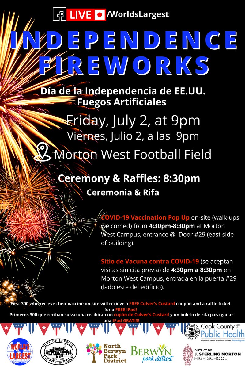 CityofBerwyn's tweet photo. Tired of Zoom? Join  us for the BOOM! Independence Day Weekend Fireworks! July 2 ,8:30pm with @CCDPH vaccination on site from 4;30pm to 8;30pm more details to come! @Culvers(Berwyn) FREE custard coupon for all who get vaccinated at event! 
#Berwyn #CityofHomes https://t.co/NK0sa8jxKx
