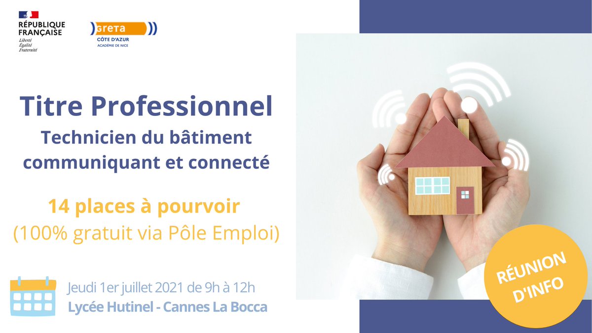 Vous aimez le numérique et avez des connaissances en électricité ? Le #Greta #CôtedAzur propose une formation "Titre Professionnel Technicien(ne) du Bâtiment Communicant et Connecté" d'un an à partir de la fin juillet. 🔌#Cannes

📅 Inscrivez-vous vite à la réunion d'info