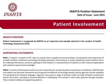 Announcing the release of the INAHTA Position Statement on Patient Involvement ! This statement reflects INAHTA members’ views on the role of patient involvement in #HTA. View full statement here: bit.ly/3cS5EjQ #patientinvolvement