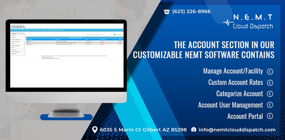 cloud_nemt's tweet image. The Account Section in our Customizable NEMT Software Contains:
Call Us for a Free Demo or further query: 623-226-8966
Visit Our Website: nemtclouddispatch.com
#nemt #nemtsoftware #clouddispatch #dispatchingsoftware #schedulingsoftware