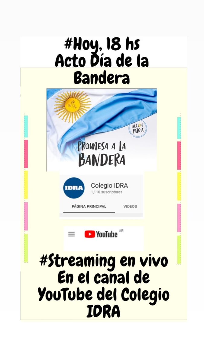 🖐️Ya comienza Acto del Día de la Bandera, 🇦🇷en una transmisión especial por streaming, en vivo desde el colegio💻🎥
➡️Podés verlo en el Canal de YouTube del colegio, en el siguiente link:

youtube.com/watch?v=ZSI35s…
