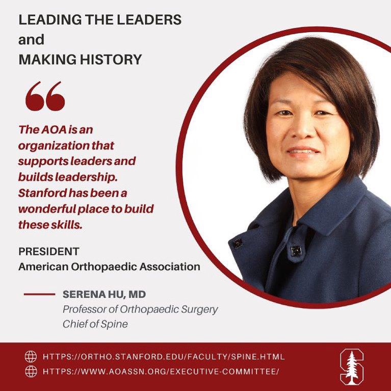 Stanford_Ortho's tweet photo. MAKING HISTORY! 
Congratulations to Dr. Serena Hu on becoming the 134th FIRST female president of the American Orthoapedic Association (AOA).  A big applause and congratulations!

#leadingleaders #stanfordortho #president #spine #professor #aoa #stanfordmedicine #makinghistory https://t.co/Q1IRyCrwjY