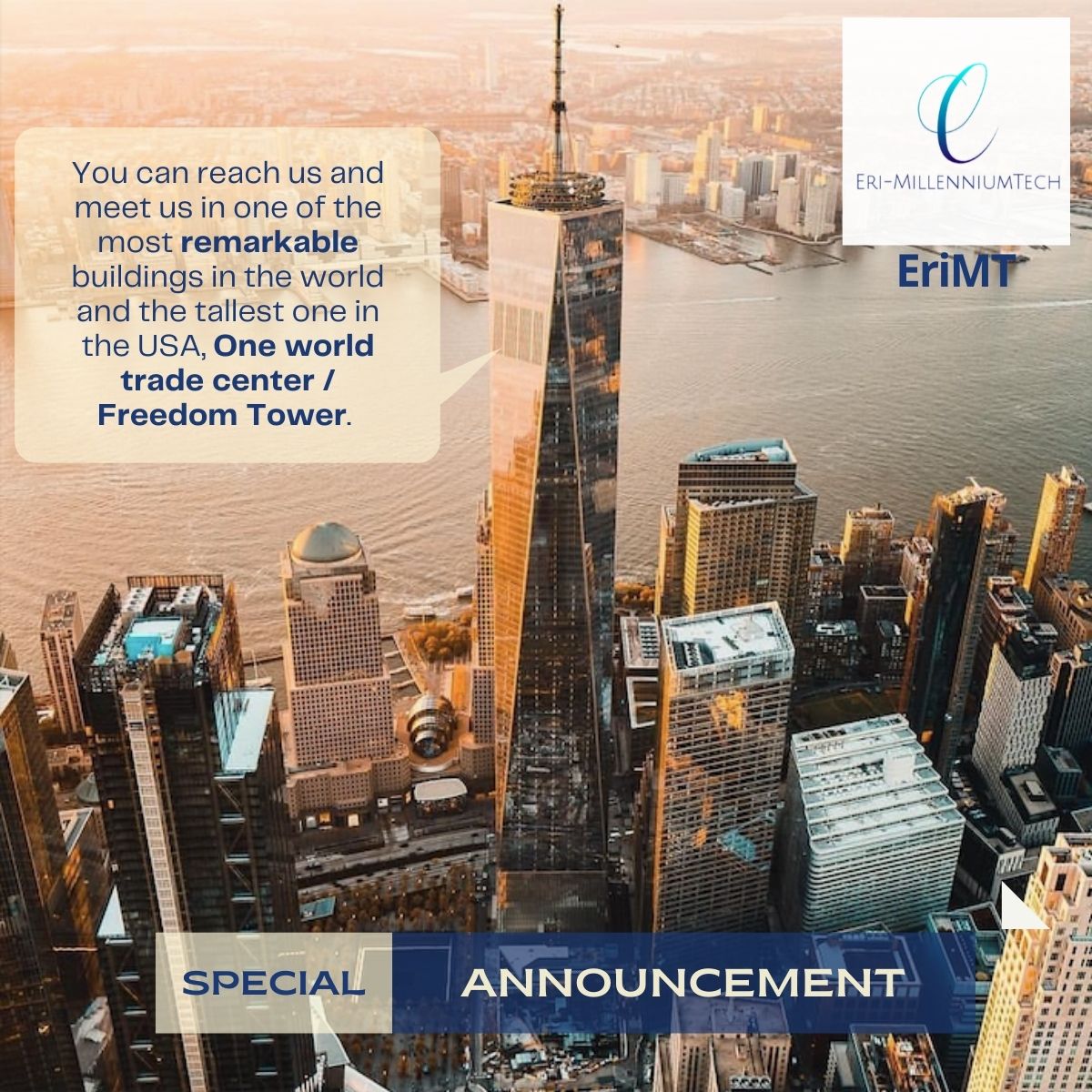 erimt6's tweet photo. You can reach us and meet us in one of the most remarkable buildings in the world and the tallest building in the USA, one world trade center. https://t.co/cvtdFikYzE