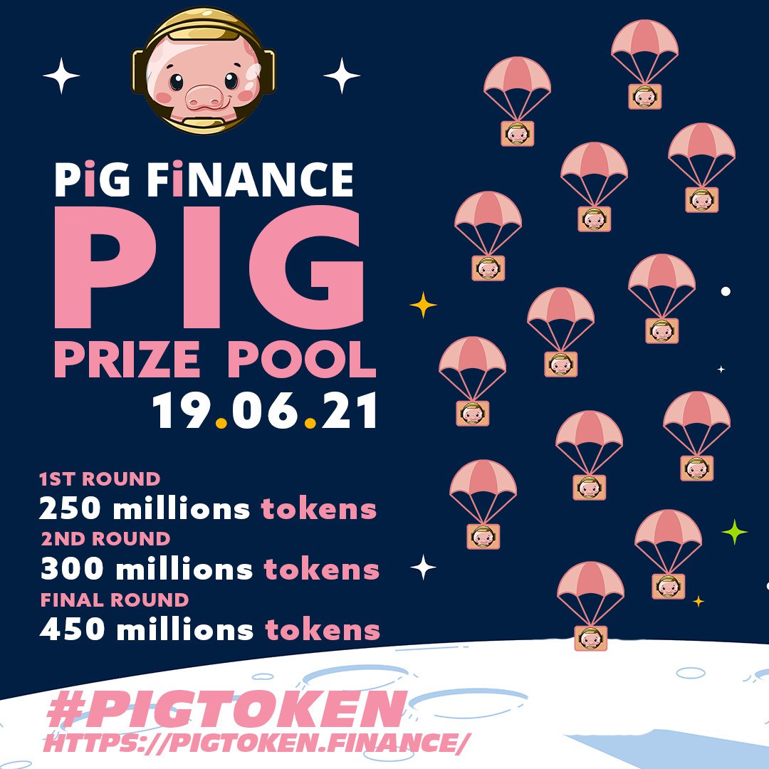 Pig is happy to anounce a giveaway with a prize pool of 1 billion $PIG. The giveaway will be in 3 rounds. Details on how to join the competition will be given on the 19th of June when we start our first round. Tune in!!🐷🔥🚀