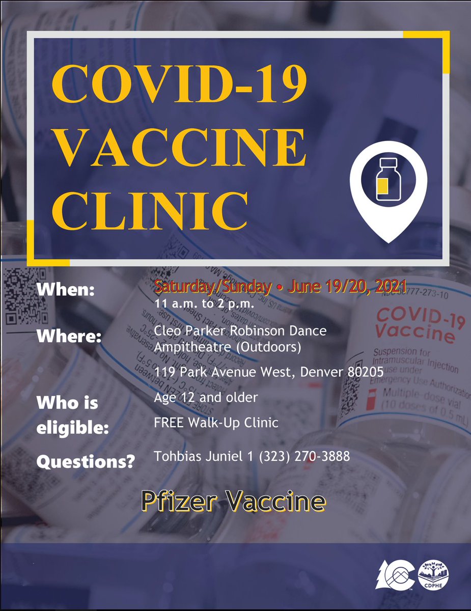 CandiCdeBacaD9's tweet photo. VACCINES at #Juneteenth! @CPRDance Saturday AND Sunday from 11 AM-2 PM, 119 Park Ave West, for ages 12 & up, free & walk-in , no appointments needed!
#JuneteenthDenver https://t.co/TbqfuNSpjS