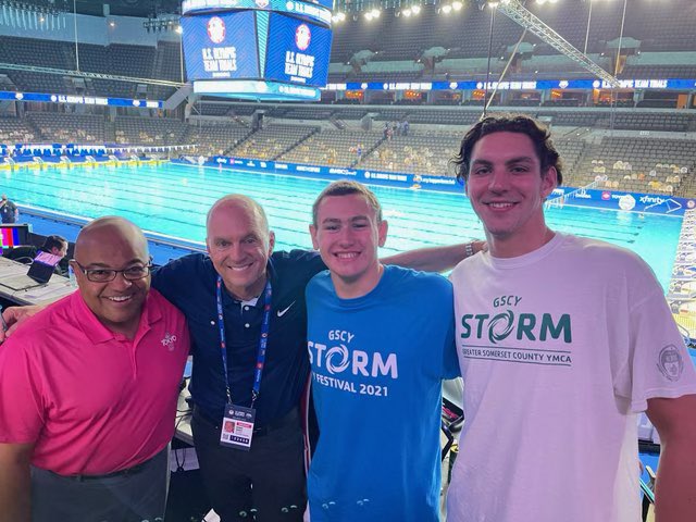 As 17-18 AG standouts at Olympic Trials, Jack Alexy and Matt Fallon were invited to join Rowdy Gaines and Mike Tirico after last night’s session. The boys heard Rowdy’s perspective on the trials, and met a few former Olympians and world record holders, including Elizabeth Bessel