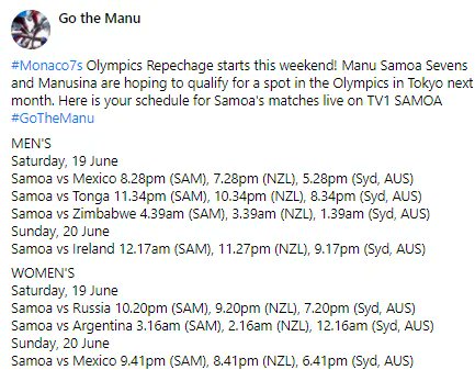 #Monaco7s Olympics Repechage Schedule for Manu Samoa Sevens and Manusina starting tonight #GoTheManu