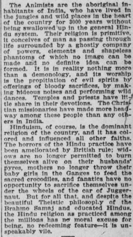 HindooHistory's tweet image. "Hinduism, of course, is the dominant religion of the country, and it has colored and influenced all other faiths. The horrors of the Hindu practice have been ameliorated by British rule..."