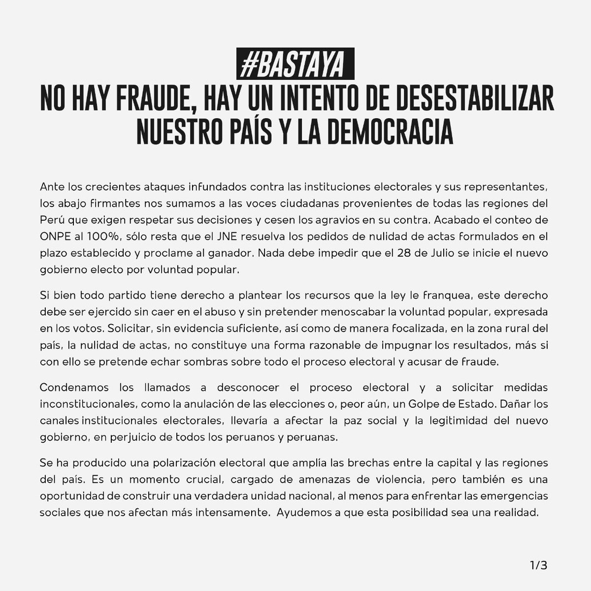 MarisaGlave's tweet photo. #BastaYa #NoHayFraude 
Me sumo a las voces de miles de ciudadanos en el país q exigen se respeten las elecciones. Basta de mentiras, no hay un fraude. Hay un intento de desestabilizar nuestro país y la democracia. 
Quienes quieran sumarse en este link 

https://t.co/SQYH0Q8Chp https://t.co/Jc0qpe4EsA