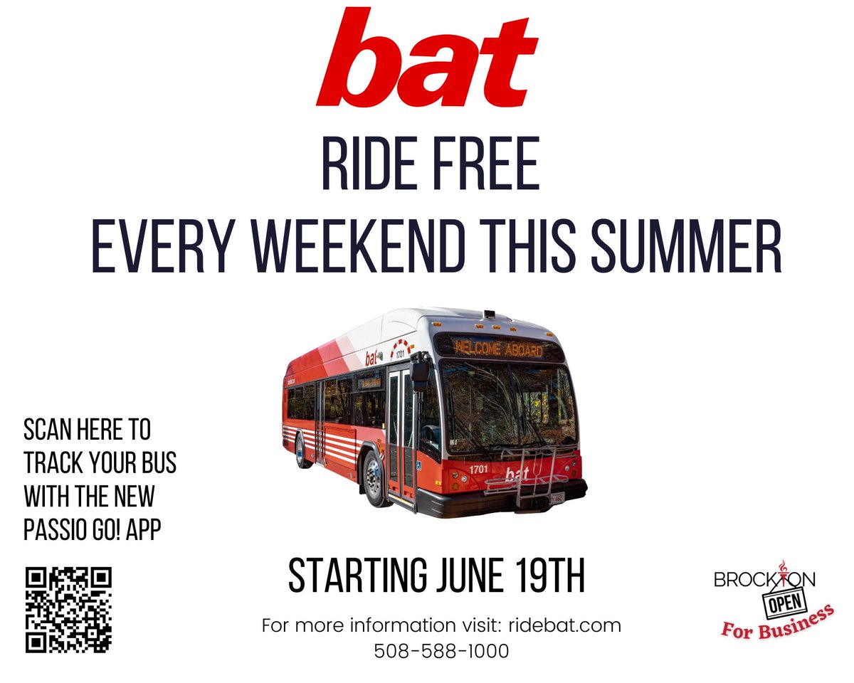 In partnership with the City of Brockton's Open For Business initiative, all BAT services are free every weekend this summer starting June 19, 2021. <a href="/CityBrockton/">City of Brockton</a>