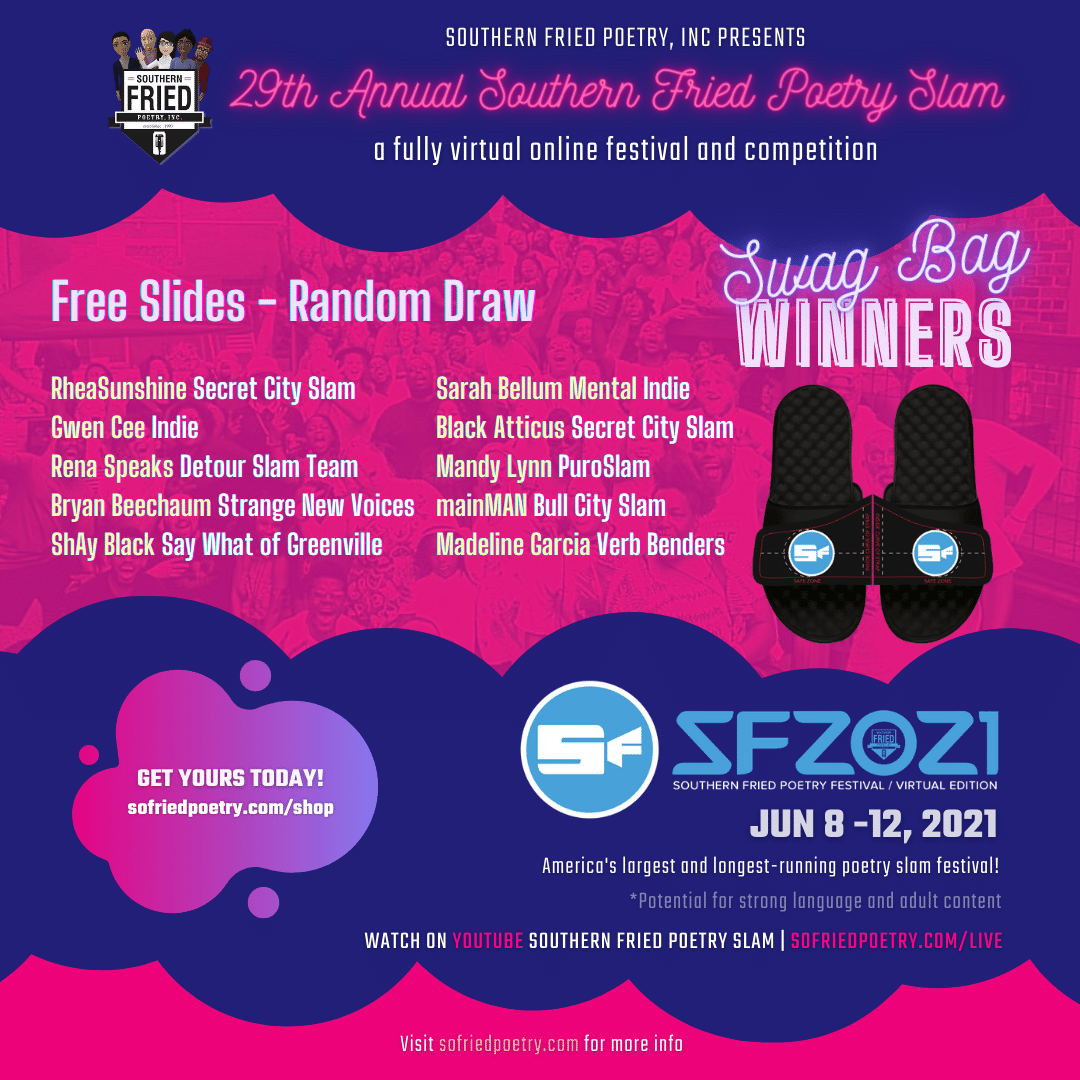 10 free slides winners were picked at random from competitors of our #SF2021 Tournament Digital Swag Bag last week. Congratulations to the winners!

#SOFRIEDPOETRY #SOFRIEDPOETRY2021 #SOFRIED2021 #SOUTHERNFRIEDPOETRYSLAM #VirtualPoetryFest #VPF2021 #poets #poetrylovers #poems