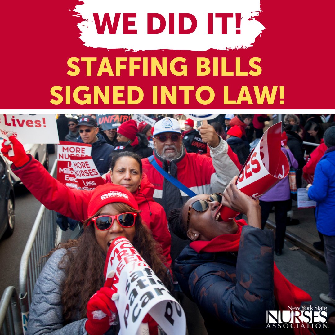 THANK YOU to @AileenMGunther @NYSenatorRivera @DickGottfried @CarlHeastie @1199seiu & @cwadistrict1 for your leadership on #SafeStaffing! These new laws will make a difference in the lives of ALL healthcare workers, patients & nursing home residents in New York! ✍️🎉